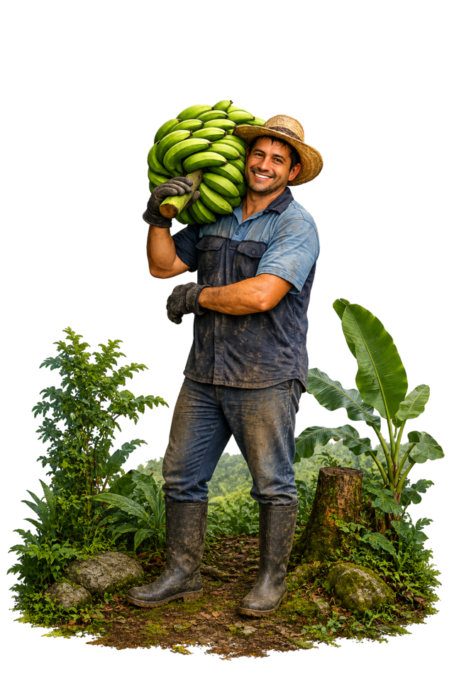 Farm worker carrying a bunch of plantains